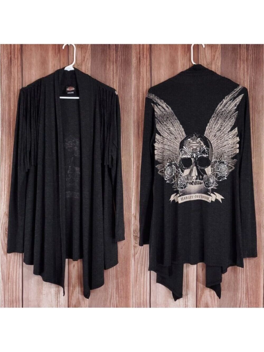 Harley Davidson Womens Size S/M Fringed Embellished Onyx Skull LS Cardigan Gray